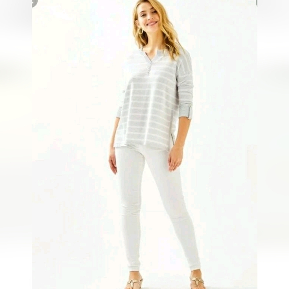 Lilly Pulitzer Faraway Stripe Sweater Cool Max Gray Moonlight Oversized Size XS